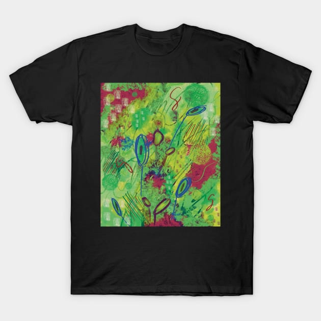 Colorful abstract happy floral burst of colors in green, yellow, blue, purple, and magenta T-Shirt by gldomenech